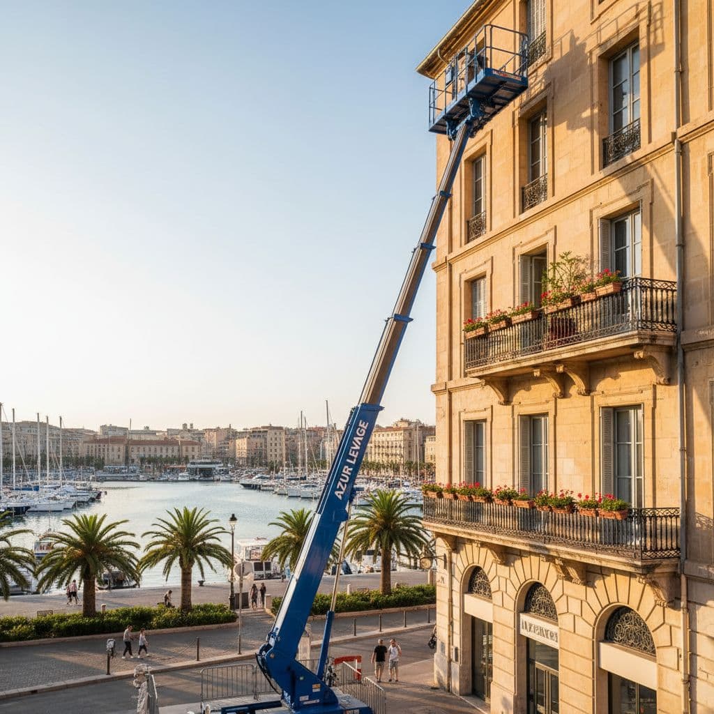 Monte meuble Azur Levage, Chantier immobilier à Marseille. Levage de matériaux au monte-meuble sur un grand chantier près du Vieux-Port.