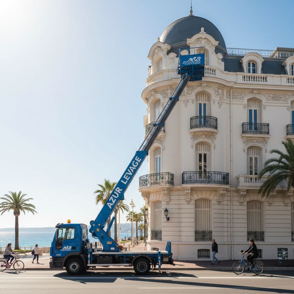 Monte-meuble 10 étages en intervention de levage sur la Côte d'Azur - Azur Levage