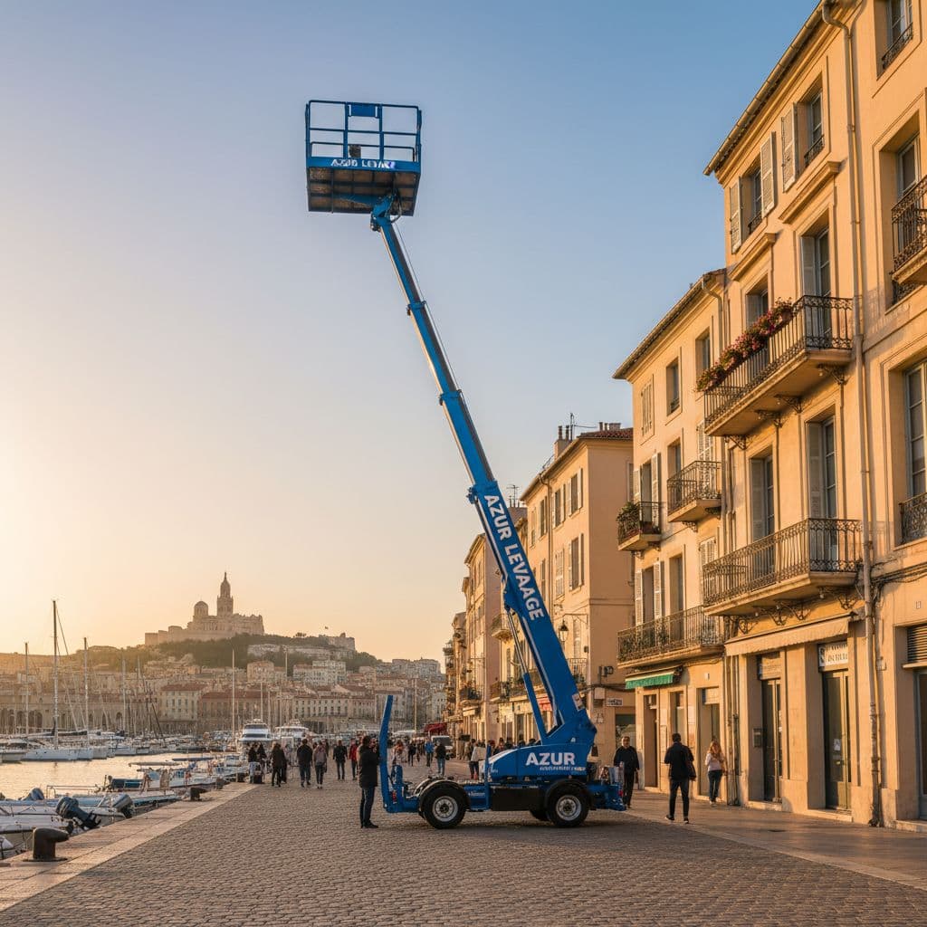 Monte-meuble professionnel Azur Levage déployé devant un immeuble de la Côte d'Azur