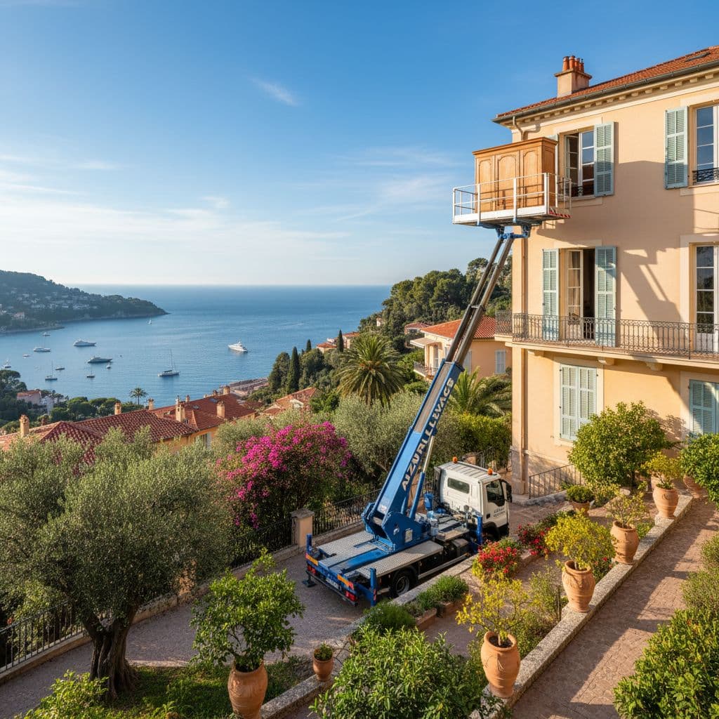 Monte-meuble 8 étages en intervention de levage sur la Côte d'Azur - Azur Levage