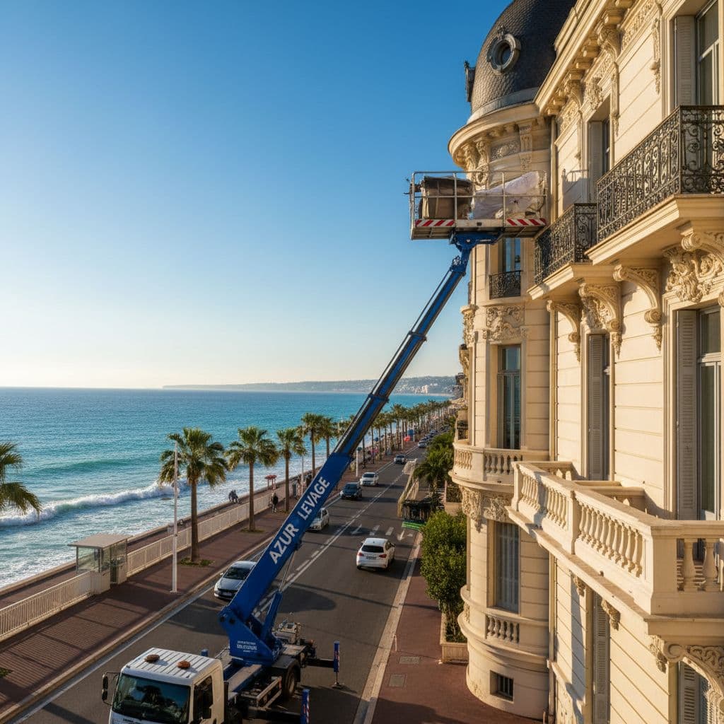 Monte meuble Azur Levage, Appartement de standing à Nice. Aménagement d'un appartement avec vue sur la Baie des Anges.