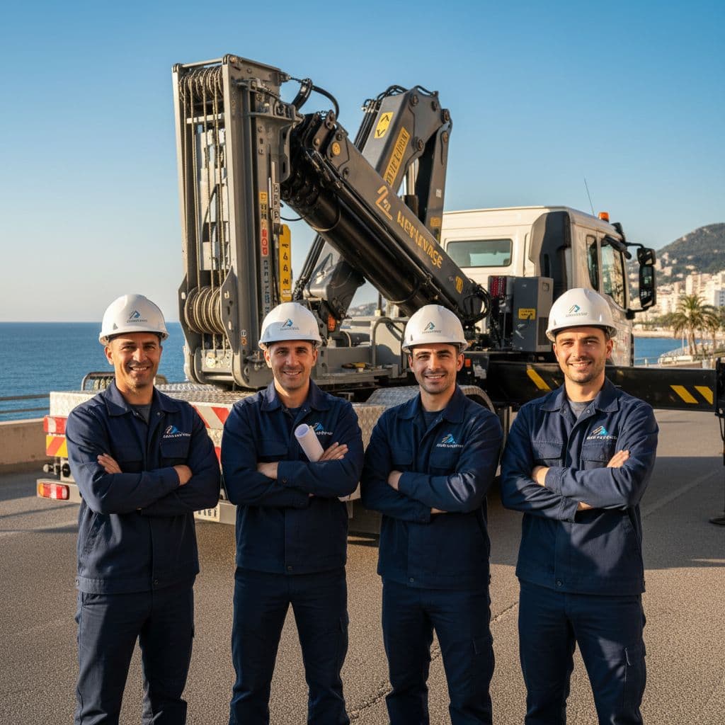 Equipe installant un monte-meuble sur la voie publique apres obtention de l'autorisation de stationnement